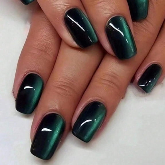 Emerald Green Cat Eye Press On Nails Women Chic Gradient Fake Nails Halloween Christmas Gifts