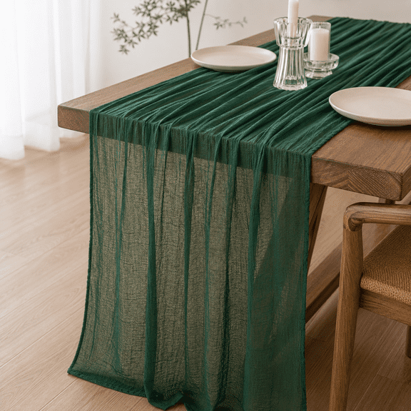 Emerald Green Cheesecloth Table Runner, 35 x 120 In Gauze Table Runner with Jute Rope, Sheer Boho Table Decor for Wedding, Baby Shower, Bridal Shower and Home Decor