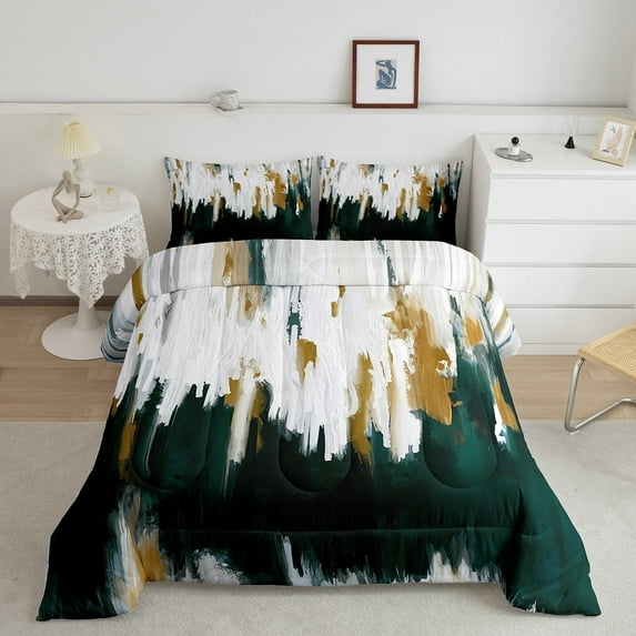 YST Emerald Green Comforter King Watercolor Graffiti Bedding Set, Striped Oil Painting Down Comforter Aesthetic Modern Bed Set, Ombre Brush Marks Contemporary Quilted Duvet