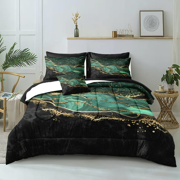 Emerald Green Comforter Set Black Gold Marble Bed in a Bag 8 Pieces Bedding Set with 1 Green Black Marble Comforter, 1 Flat Sheet, 1Fitted Sheet, 4 Pillowcases, 1 Cushion Cover