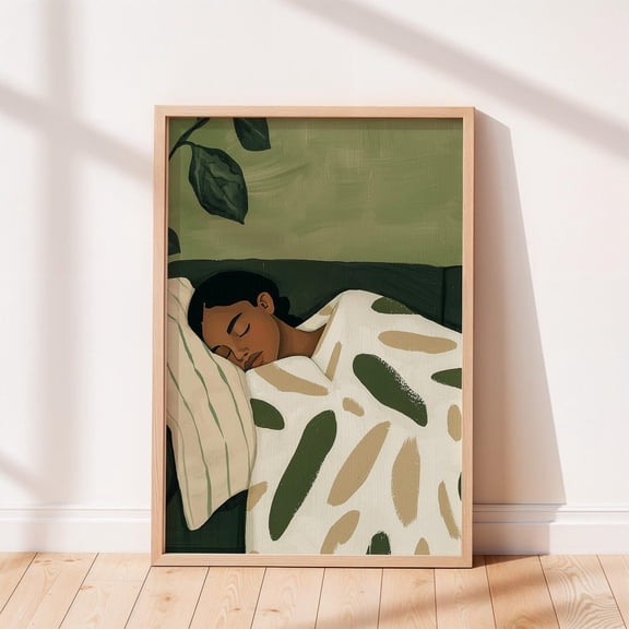Emerald Green Contemporary Wall Art Poster, Black Woman Napping On Couch, Abstract Wall Art, Minimalist Poster Living Room Wall Art, Stretched Canvas Size 8x12