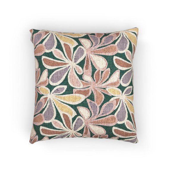 Emerald Green, Coral Orange and Lavender Abstract Petal Floral Decorative Woven Pillow, Cotton-Polyester