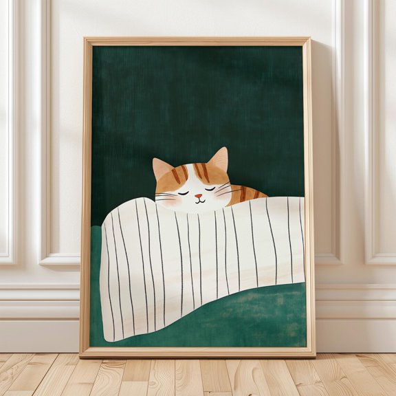 Emerald Green Cozy Sleeping Orange Cat Art Print, Cat Relaxing On Striped Pillow, Cat Lover Gift Wall Art, Modern Wall Decor, 8x12 UNFRAMED
