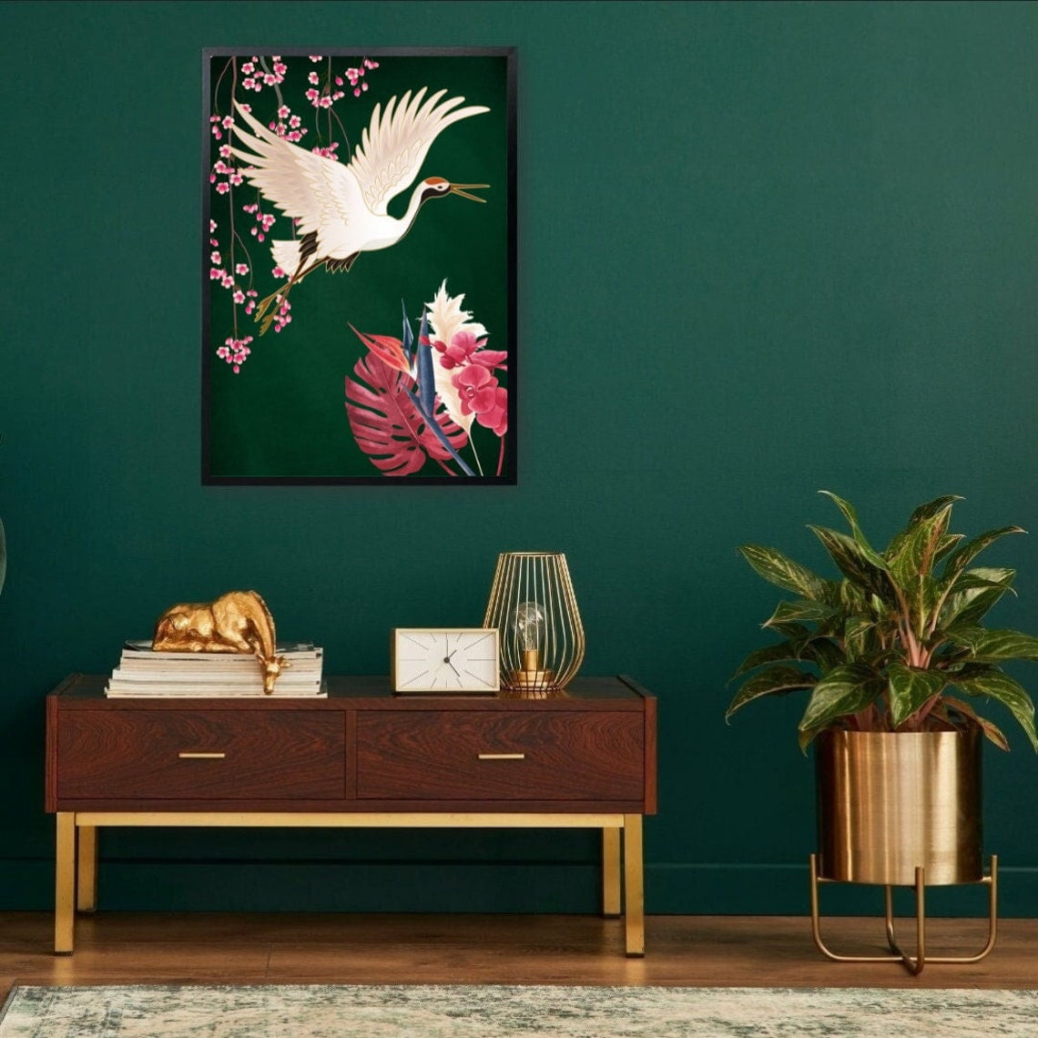 Emerald Green Crane Wall Art Print, Cherry Blossom Japanese Inspired ...