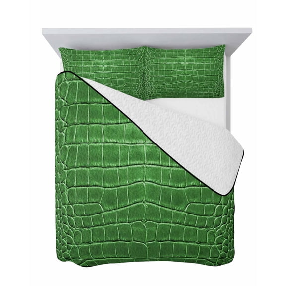 Emerald Green Crocodile 3 Piece Quilt Set King Size, Abstract Green Forest Leather Botanical Soft Bedspread Coverlet Bedding Set Microfiber Lightweight Comforter Set with 2 Pillowcases for Bedroom
