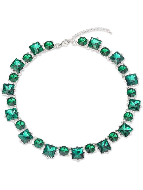Emerald Green Crystal Rhinestone Statement Bib Choker Necklace for Women Sparkly Dark Green Square Round Gem Stone Collar Necklace Green Prom Costume