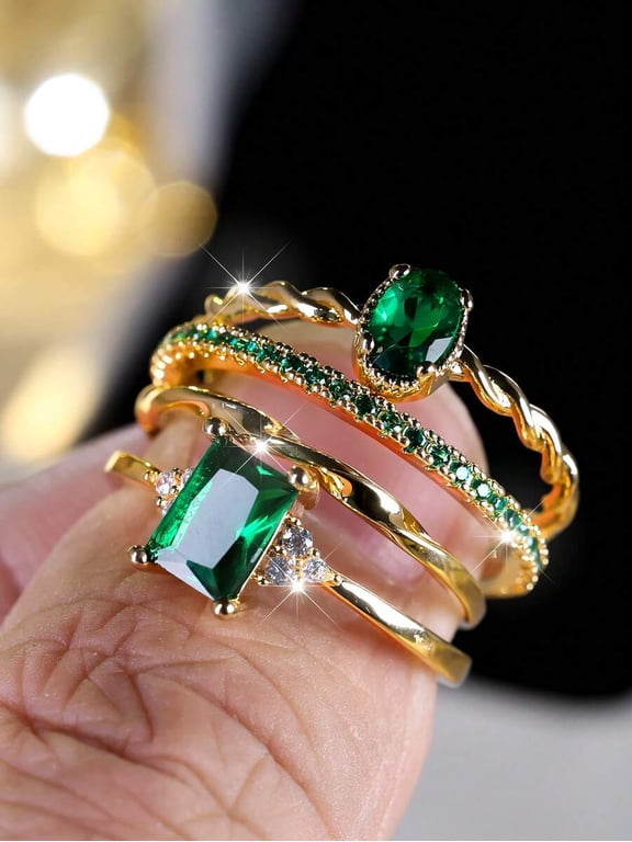 Emerald Green Cubic Zirconia Braided Stackable Ring Set, 4-Piece Elegant Layered Jewelry For Special Occasions