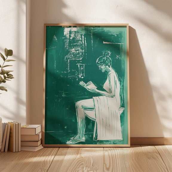 Emerald Green Drawing Of Woman Reading - Minimalist Bathroom Art - Modern Wall Print For Calm Interiors Wall Art, Modern Wall Decor, 8x12 UNFRAMED
