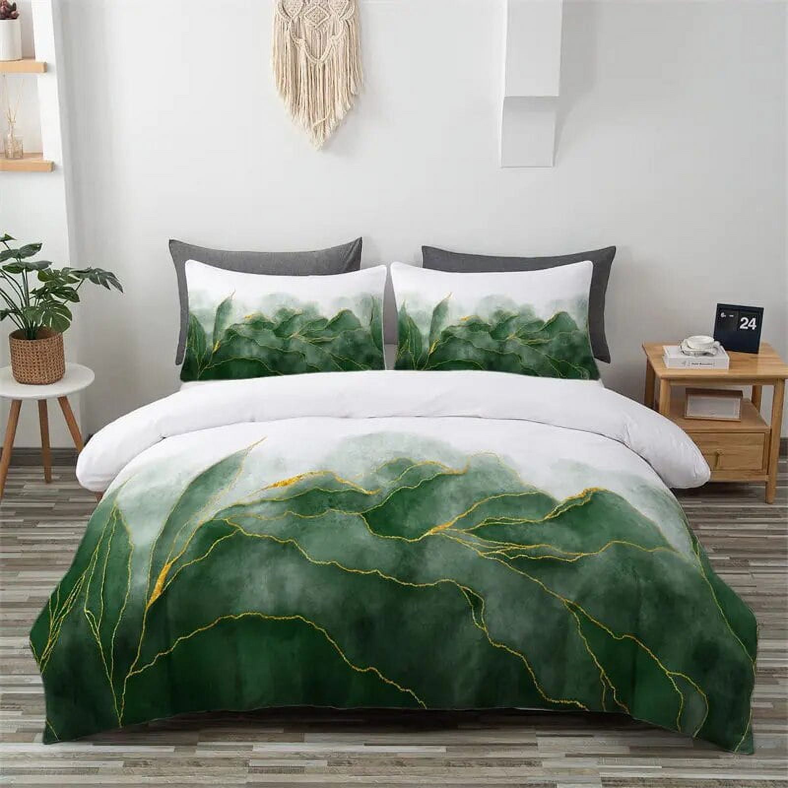 Emerald Green Duvet Cover Set Marble Plantain Leaves Print Comforter ...