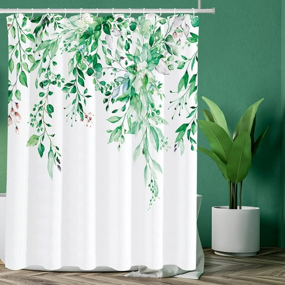 Emerald Green Eucalyptus Shower Curtain Sets, Watercolor Leaves on The Top Plant with Floral Bathroom Decoration 72x72 Inch with Hooks