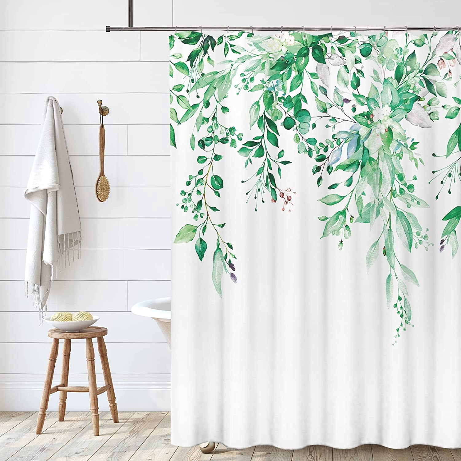 Emerald Green Eucalyptus Shower Curtain Sets, Watercolor Leaves on The Top Plant with Floral Bathroom Decoration 72x84 Inch with Hooks