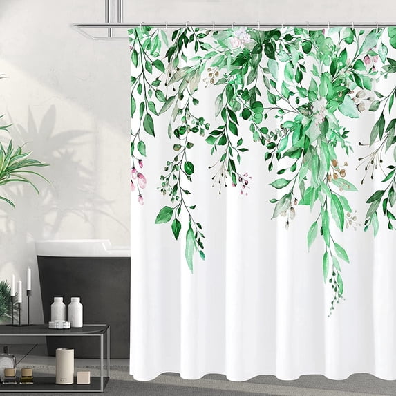 Emerald Green Eucalyptus Shower Curtain, Watercolor Plant Leaves with Floral Bathroom Shower Curtain Set with Hooks, 72x72