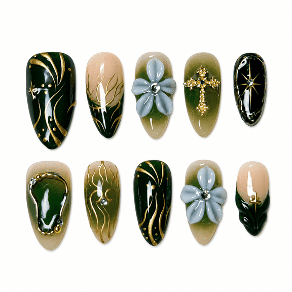 Emerald Green Floral Press on Nails, Medium Almond Glossy False Nails with Raised Detail, 30 Count
