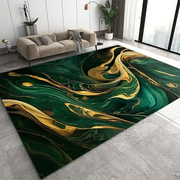 Emerald Green Fluid Texture Area Rug, Modern Gold Foil Marble Stripes Large Carpet, With Non-Slip Rubber Backing Floor Rugs For Living Room Bedroom Dinning Room 2 x 3ft