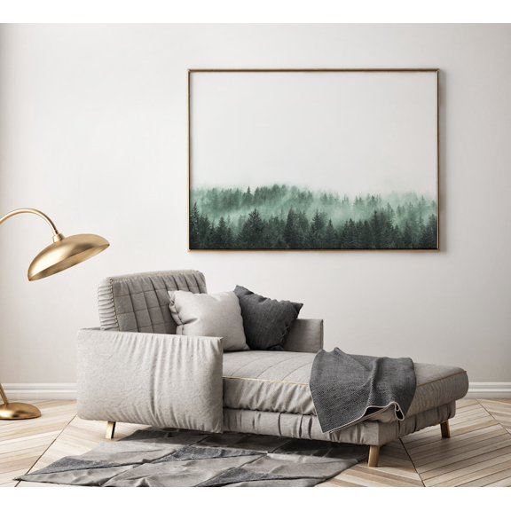 Emerald Green Forest Art Horizontal Landscape Nature Foggy Woods Wall Decoration, Unframed Canvas 24x36in