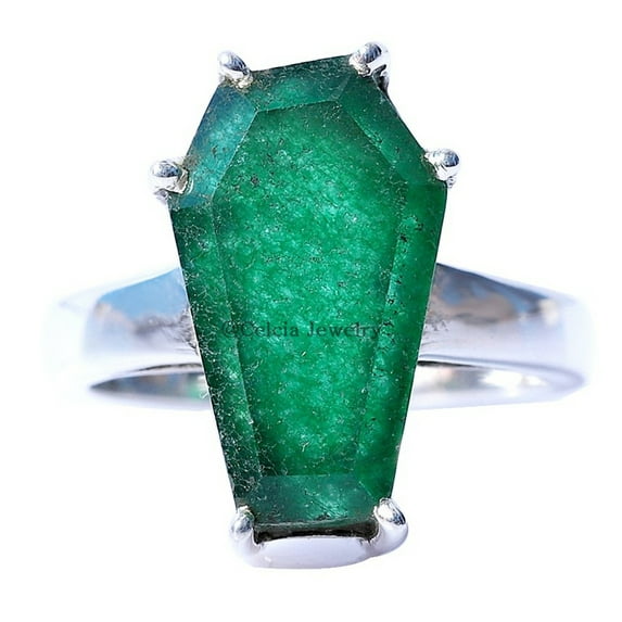 Emerald Green Gemstone Coffin Ring, Natural 925 Sterling Silver, Statement Ring, Unisex Designer Handmade Fine Jewelry, Birthday Anniversary Unique Gifts Ring, May Birthstone (emerald, Size 7)