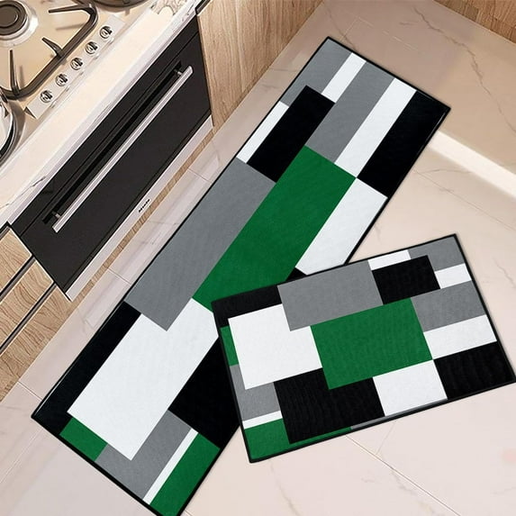 Emerald Green Geometric Kitchen Rugs and Mats Non Skid Washable Set of 2, Checked Black Grey Kitchen Mats for Floor, Rustic Minimalist Kitchen Runner Rug, Modern Abstract Kitchen Decor