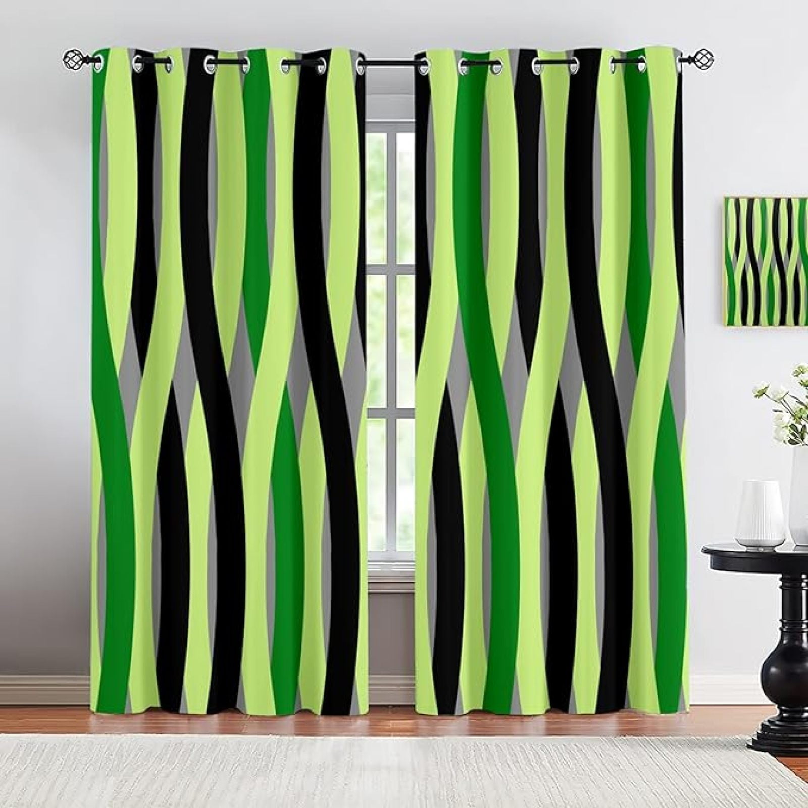 Emerald Green Geometric Stripes Blackout Curtains, Black And Green ...