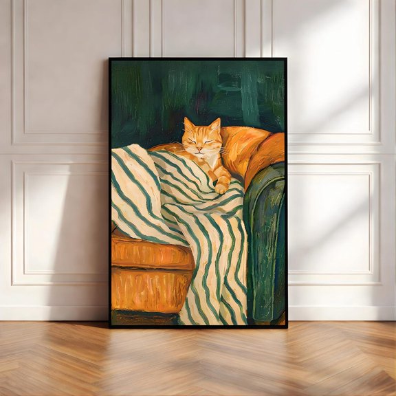Emerald Green Ginger Cat Sleeping Orange Tabby Cozy Reading Nook Decor Lover, Unframed Poster