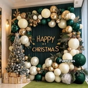 Emerald Green Gold Balloon Arch Kit, Double Stuffed Dark Forest Green Pearl White Sand Ivory Christmas Balloon Garland for Birthday Wedding Xmas Anniversary New Year Party Decoration