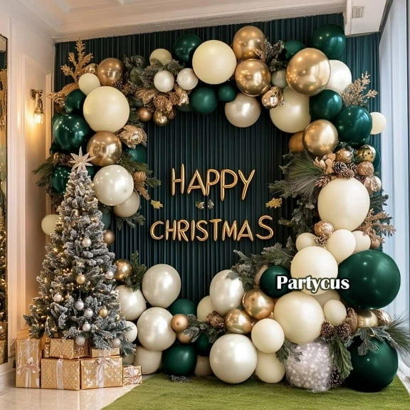 Emerald Green Gold Balloon Arch Kit, Double Stuffed Dark Forest Green Pearl White Sand Ivory Christmas Balloon Garland for Birthday Wedding Xmas Anniversary New Year Party Decoration