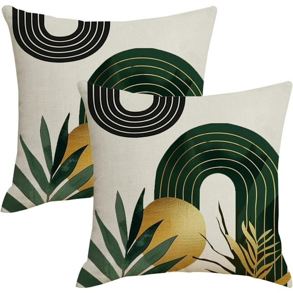 Emerald Green and Gold Boho Pillow Covers 18x18 Set of 2, Hunter Green Throw Pillows Covers for Living Room Decor,Green Tropical Leaves Decorative Pillows for Couch Sofa Chair Car