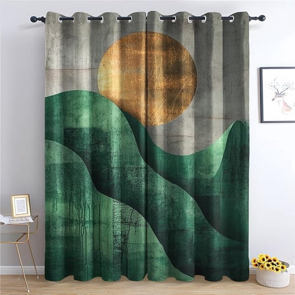 Emerald Green Gold Curtains For Bedroom Living Room, Abstract Mountain Sun Blackout Curtains & Home Decor, Modern Window Curtains, Thermal Room Darkening Grommet Drapes 26"W x 45"L (Pack of 2)