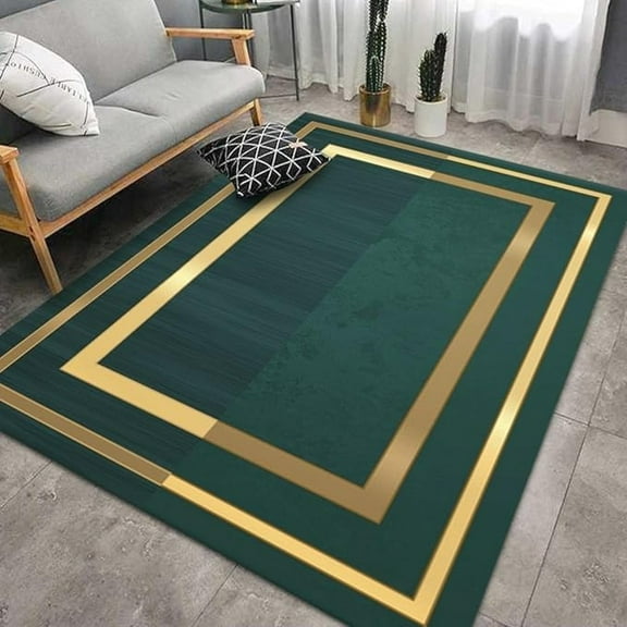 Emerald Green Gold Frame Pattern Area Rug, Golden Line Frame Decorative Rug, Easy Clean Carpet With Anti-Slip Backing For Bedroom Living Room Dining Room Office 5x6ft