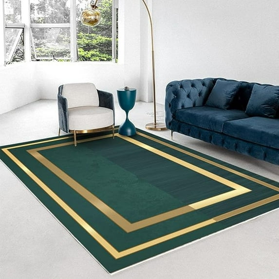Emerald Green Gold Frame Pattern Area Rugs, Nordic Geometric Luxury Living Room Carpet, Easy Clean Carpet Indoor Non-Slip Rug For Boys And Girls Nursery Bed Living Room Decor 3x4ft