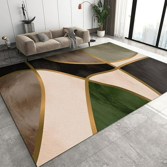 Emerald Green Gold Geometric Area Rug, Luxurious Abstract Irregular Stripes Non Slip Large Area Rugs, Stain Resistant Carpet For Indoor Living Room Bedroom Office Decor Mat 3x4ft