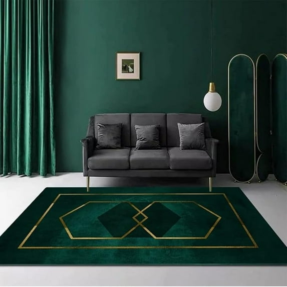 Emerald Green Gold Geometric Area Rugs, Golden Lines On Dark Green Easy Clean Rug, Soft Non-Skid Carpet Throw Rug For Kids Teen Girls Boys Bedroom Living Room Bathroom Office 5x6ft