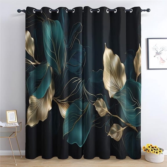 Emerald Green And Gold Leaf Patterned Blackout Curtains For Bedroom, Living Room Decor, Room Darkening Thermal Insulated Grommet Drapes, Dark Botanical Curtains 42"W x 63"L (Pack of 2)