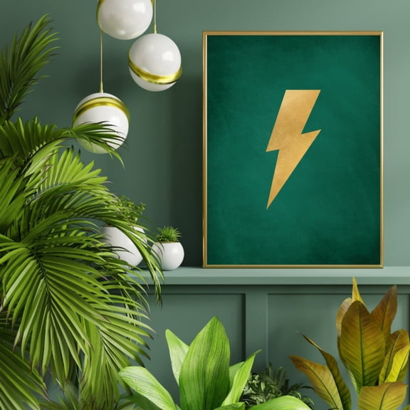 Emerald Green Gold Lightning Bolt Wall Art Print, Modern Statement Decor