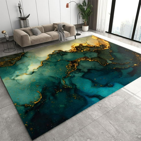 Emerald Green Gold Marble Area Carpet, Retro Abstract Light Luxury Carpet for Bedroom, Floor Rugs Soft Comfortable Washable Non-Slip for Living Room Office Dining Room Decor 4x5ft