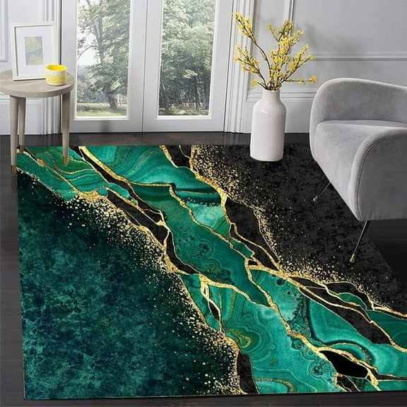 Emerald Green Gold Marble Area Rug, Abstract Golden Black Lines Large Rug, Indoor Non-Slip Kids Rugs For Living Room Bedroom Kitchen Home Office Floor Rug