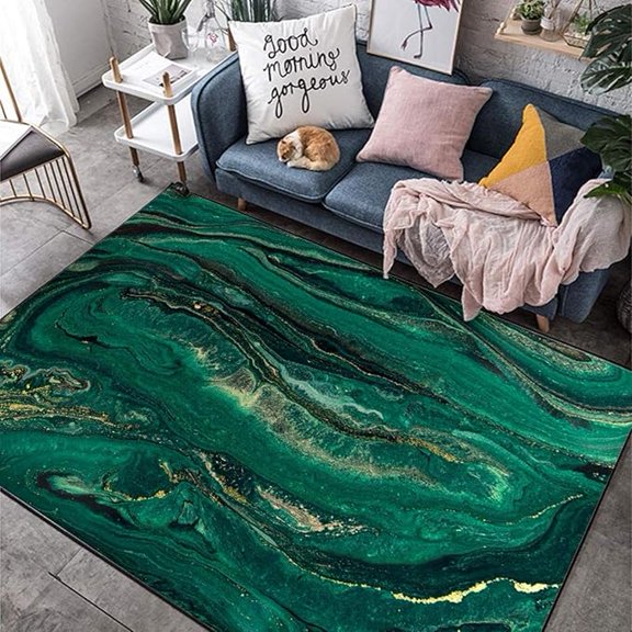 Emerald Green Gold Marble Pattern Area Rug, Abstract Modern Non-Slip Foldable Design Does Carpet For Living Room Bedroom Dining Room Office 2 x 3ft