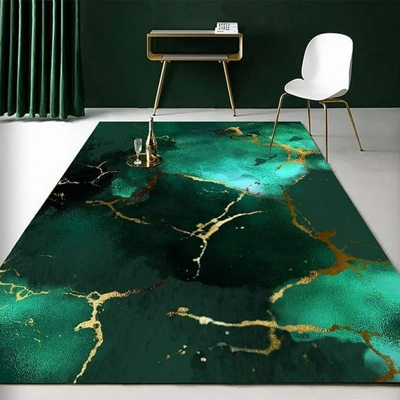 Emerald Green Gold Marble Rug, Decorative Rugs, Modern Abstract Pattern Area Rug For Indoor Living Room Bedroom Study Dining Room Corridor And Outdoor Terrace 5 x 8ft