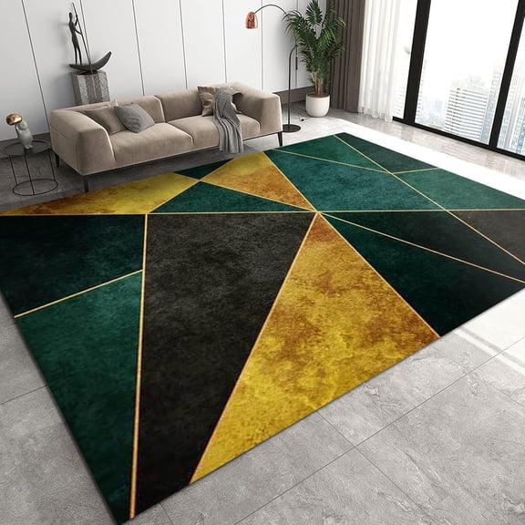 Emerald Green Gold Marble Texture Area Rug, Retro Geometry Light Luxury Living Room Carpet, Floor Rugs Soft Breathable with Non-Slip for Office Study Dining Room Decor 2x3ft