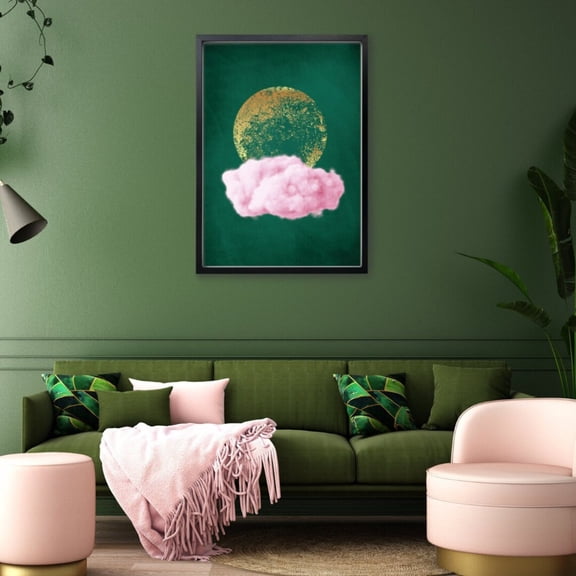 Emerald Green Gold Moon Wall Art Print, Cloud Celestial Decor