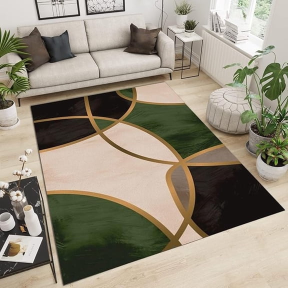 Emerald Green Gold Semicircle Area Rug, Luxurious Irregular Lines Washable Carpet, Large Non-Slip Indoor Rugs For Living Room Bedroom Dining Room Farmhouse 1x2ft