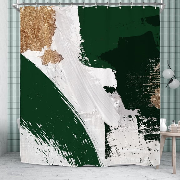 Emerald Green Gold Shower Curtain for Bathroom Decor 72Wx72H Abstract Modern Oil Painting Minimalist Aesthetic Simple Neutral Art Printed Fabric Polyester Waterproof 12 Pack Plastic Hooks