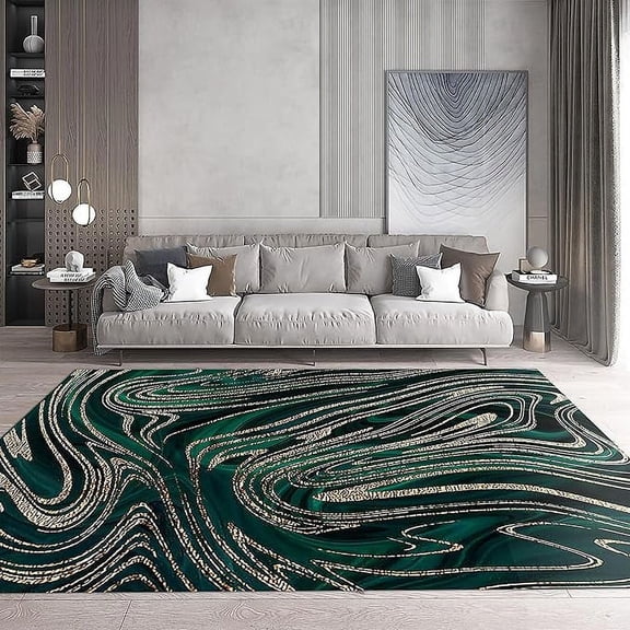 Emerald Green Gold Swirl Marble Area Rug, Retro Light Luxury Fashion Rugs For Living Room, Soft Machine Washable Non-Slip Carpet For Indoor Bedroom Office Decor Rug 2 x 3ft