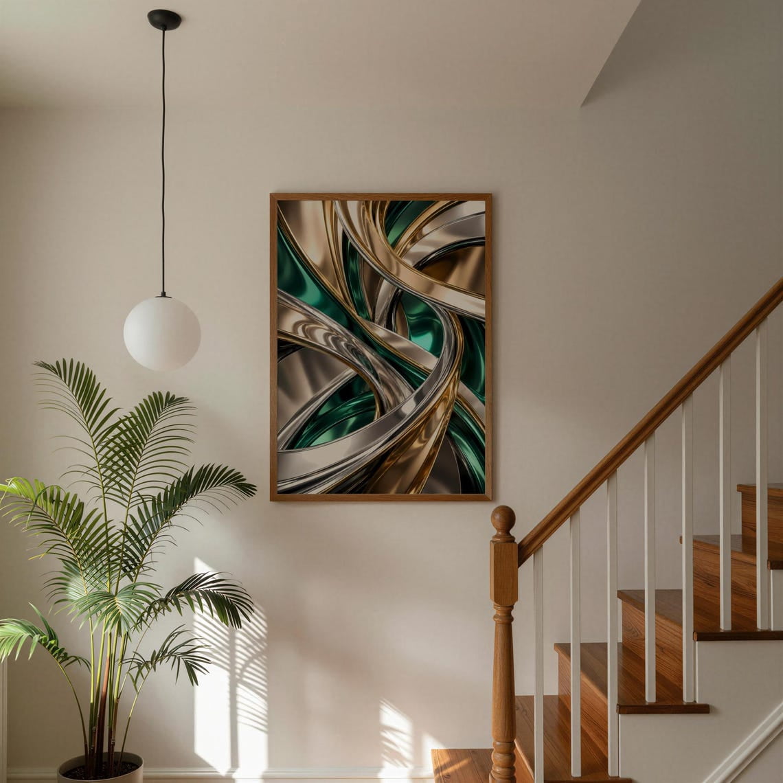 Upstract Wire Emerald Green Gold Wall Art Print, Luxury Liquid Metal Loop Abstract ...