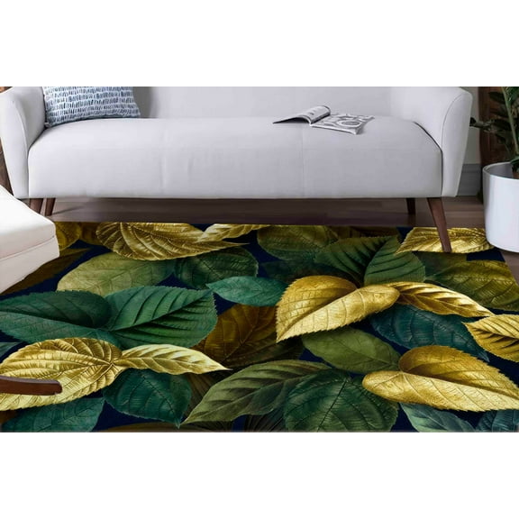 Emerald Green With Golden Leaf Rugs, Trendy Rug, Floral Rug, Salon Decor Rug, Pattern Rug, Step Rug, Personalized Gifts, 3D Printed Rug, 3.3'x6.5' - 100x200 cm