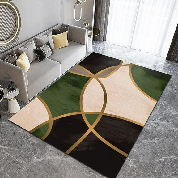 Emerald Green Golden Semicircle Area Rug, Green Black Geometry Indoor Non-Slip Kids Rugs For Living Room Bedroom Kitchen Dining Room Home Office Floor Rug 4x5ft