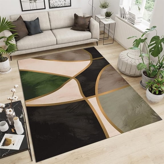 Emerald Green Golden Semicircle Area Rug, Green Black Geometry Indoor Non Slip Rugs, Machine Washable Carpet For Living Room Bedroom Study Office Decor Floor Mat 2x3ft