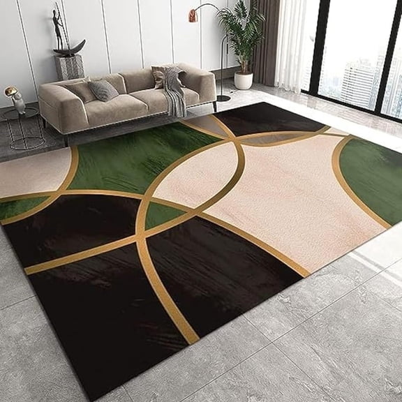 Emerald Green Golden Semicircle Area Rug, Green Black Geometry Print Large Rugs, Indoor Non-Slip Kids Rugs, Washable Breathable Durable Carpet For Front Entrance Floor Decor 5x7ft