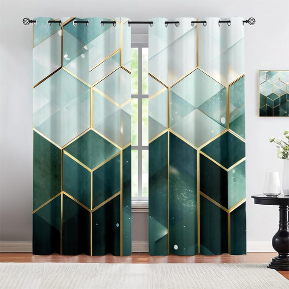 Emerald Green Honeycomb Geometry Print Curtains For Bedroom, Luxurious Golden Lines Patterned Blackout Curtains, Curtains For Living Room Bathroom Window 21"W x 45"L (Pack of 2)