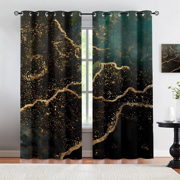 Emerald Green Ink Marble Black Out Curtains, Luxury Gilded Fluid Texture Darkening Window Curtain, Grommet Thermal Insulated Drapes For Living Room Apartment 21"W x 45"L (Pack of 2)