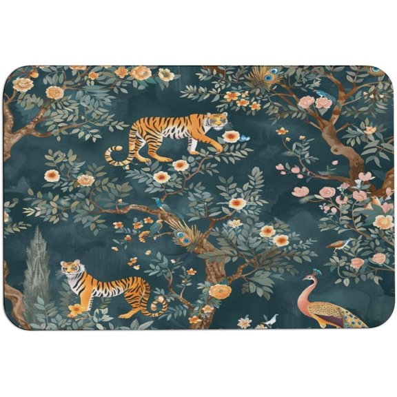 Emerald Green Jungle Animal Bathroom Rug Mat with Tiger and Peacock Design, Non-Slip, Super Absorbent Fast Drying Bath Mat 16 x 24 Inch